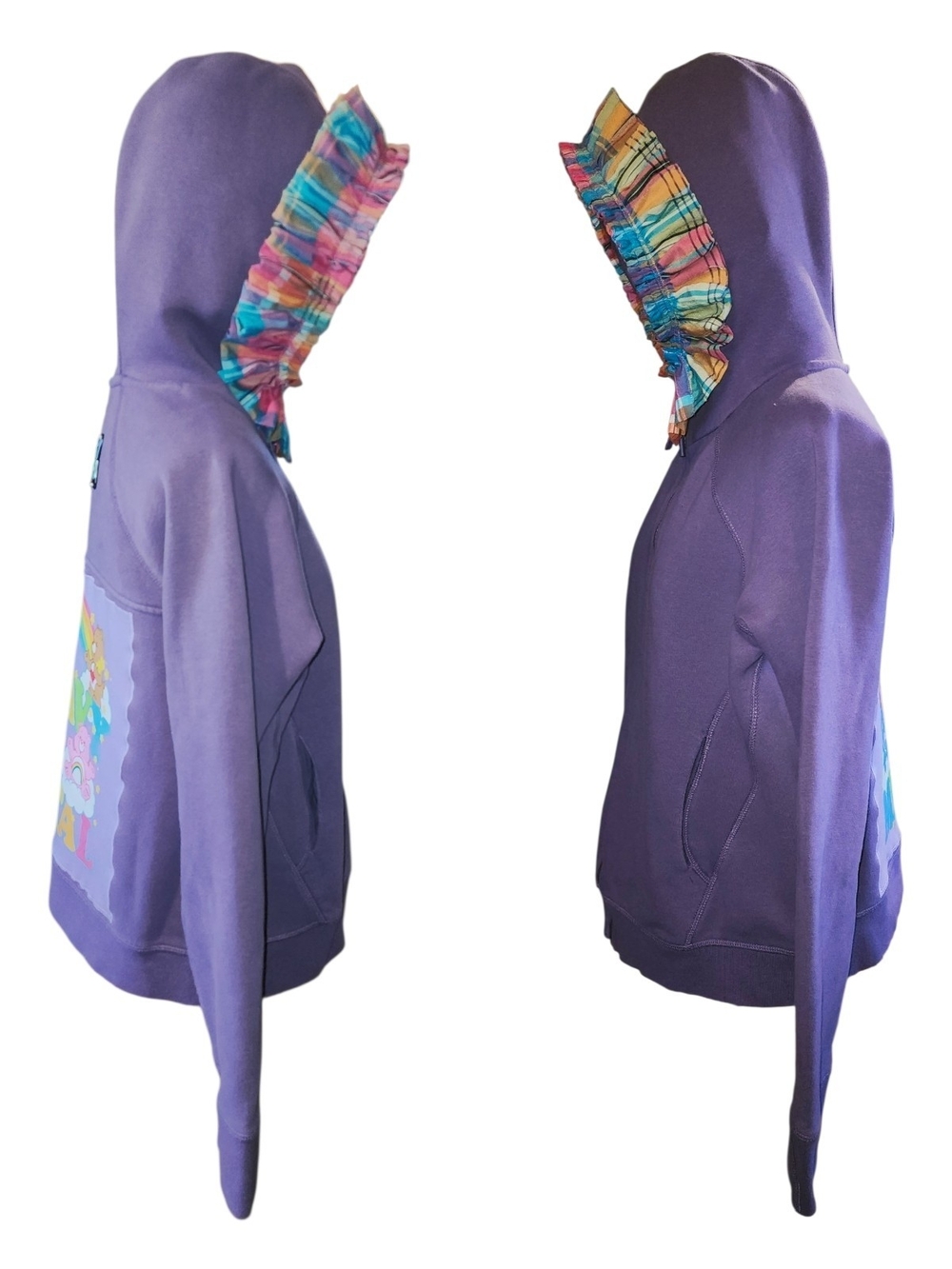 OOAK Purple LOLE Ruffle Hood Rainbow Care Bears Graphic Plaid Comfy Zip Up Large - Picture 3 of 7
